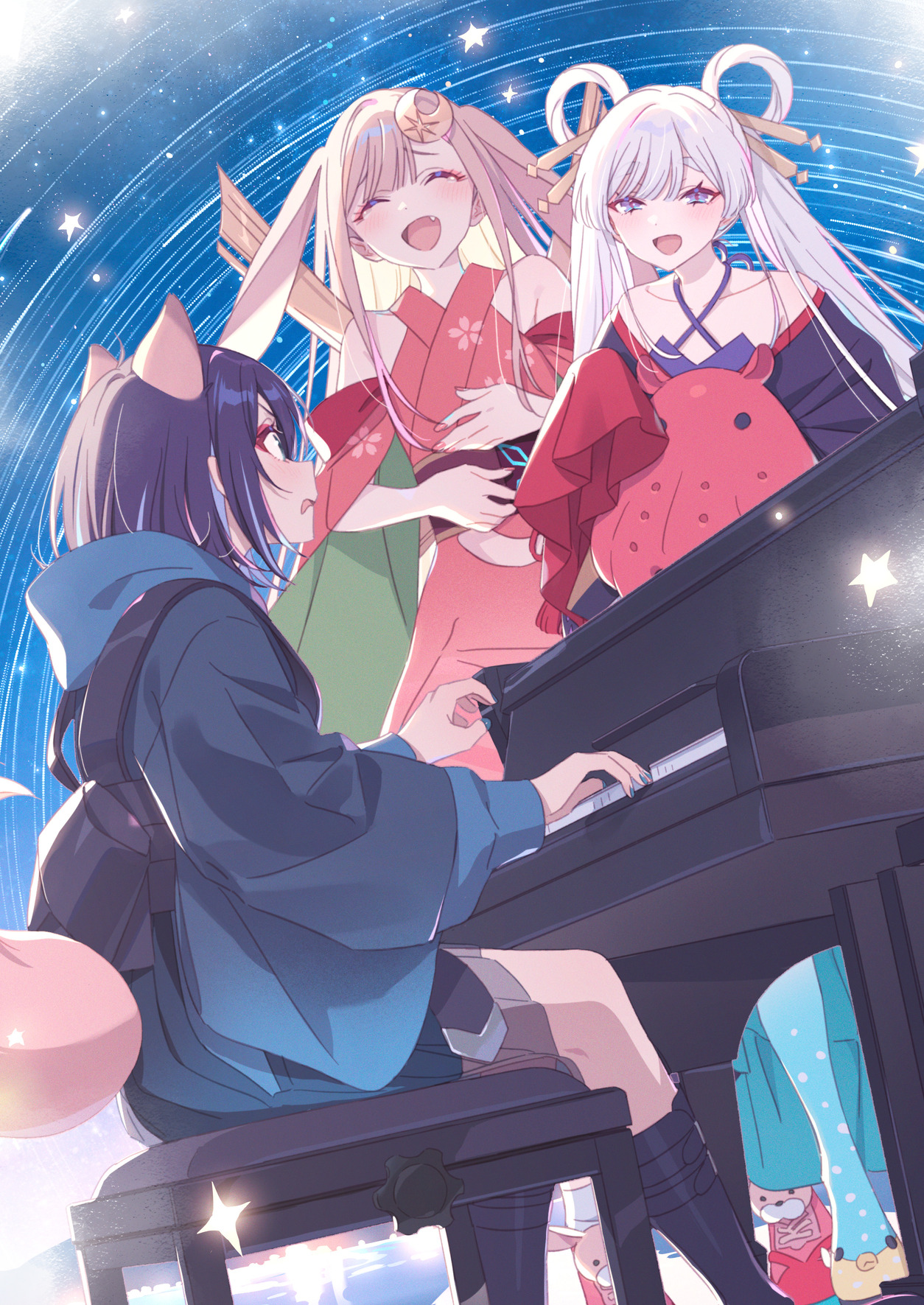Alt: Ilustrasi hadiah masuk bioskop Chō Kaguya-hime! Ayaha dikelilingi Kaguya-Yachiyo, karya desain karakter Hechima