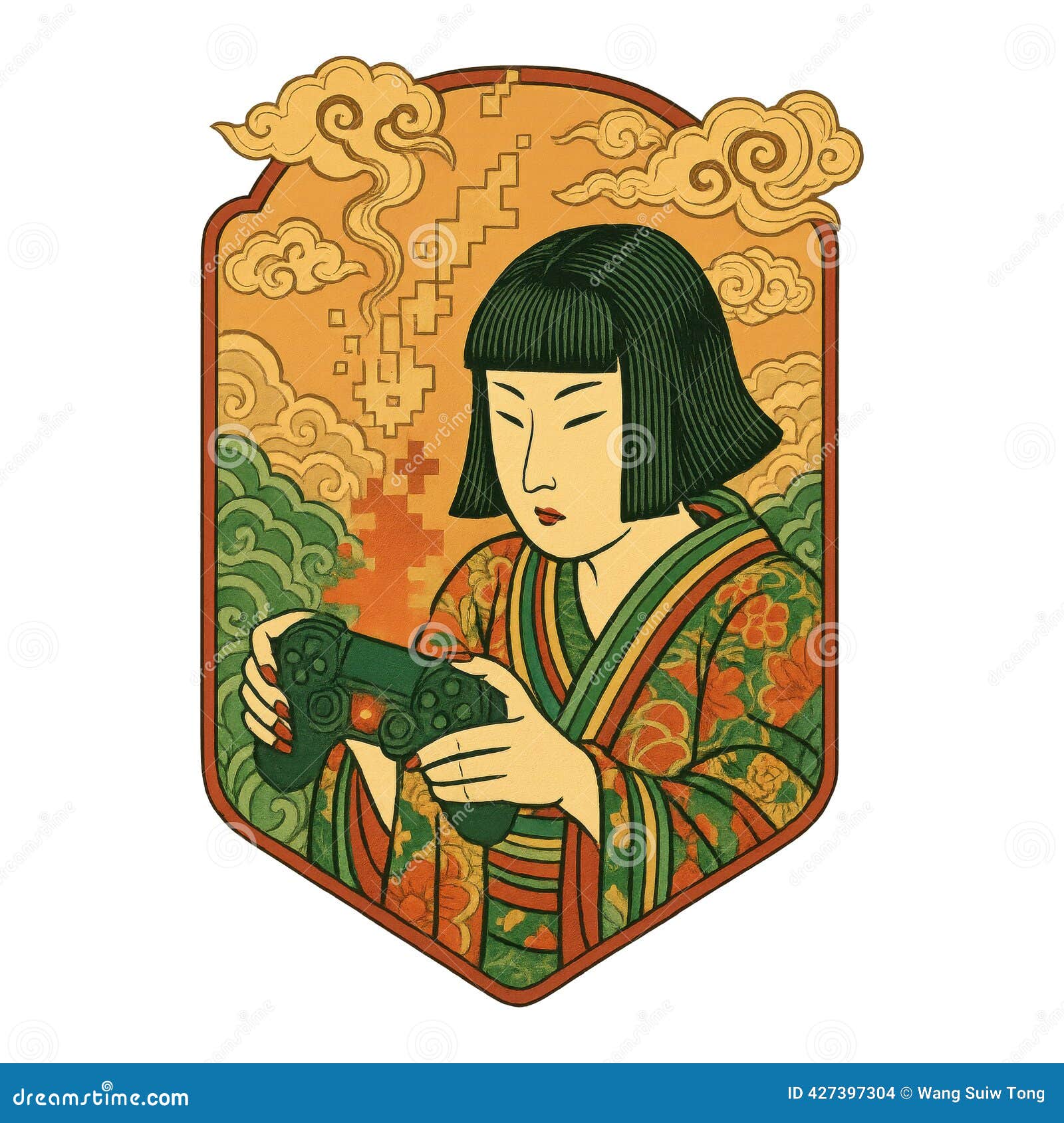 Gamer Girl Playing Video Game in Ukiyo-e Style