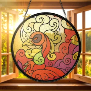 Ho-Oh Stained Glass Suncatcher – Legendary Fire Bird Window Hanging – Ho-Oh Suncatcher Art for Anime & Game Fans – Ho-Oh Glass Home Decor