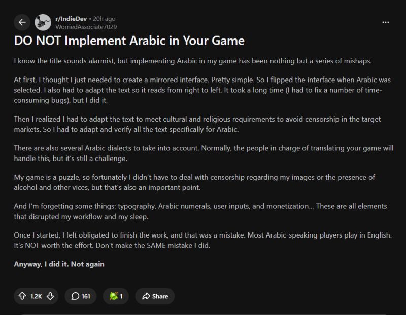 Yesterday, I came across this post on r/IndieDev. Apothema, the developer of the puzzle game 'Hexzen', decided to share their riveting insights on Arabic localization. Among their claims, only one… | Seif