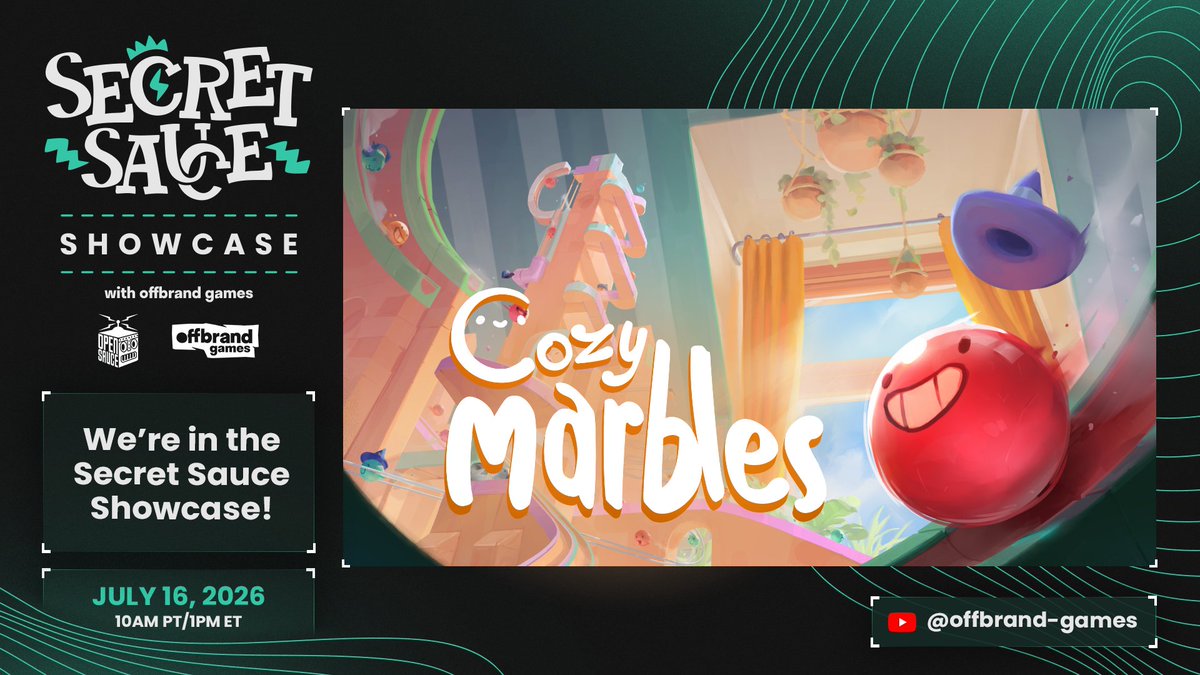 Cozy Marbles will be in the #SecretSauce2026 Showcase! We've got a big announcement to share on July 16th, i'm genuinely excited👀👀 @offbrand_games