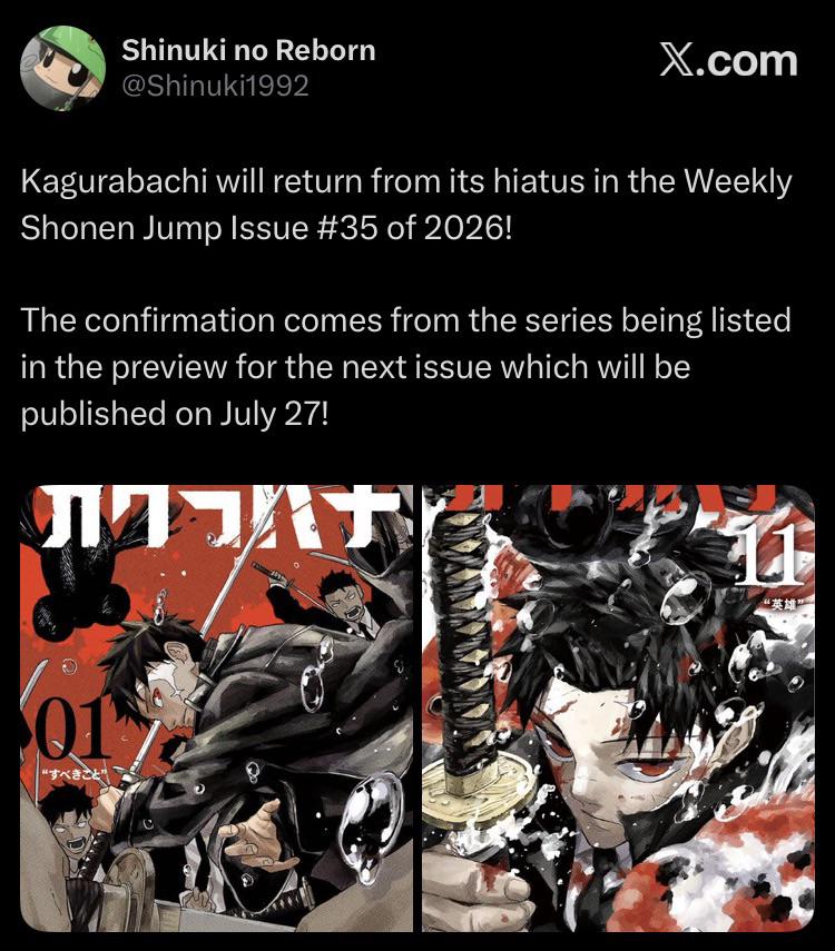Kagurabachi will return from its hiatus in Weekly Shonen Jump Issue #35! : r/WeeklyShonenJump