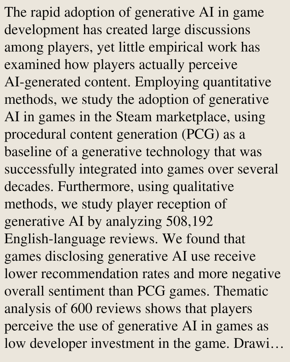 Player Perceptions of Generative AI in Games: A Steam Review Analysis Mahsa Bazzaz, Seth Cooper https://t.co/2HqpESRCmv [𝚌𝚜.𝙷𝙲]