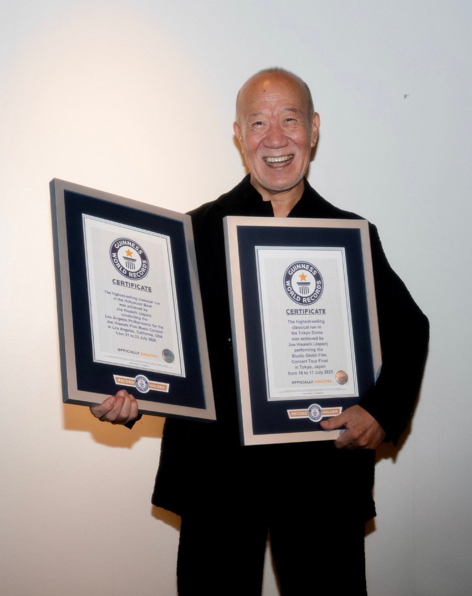 Studio Ghibli Compoer Joe Hisaishi has been recognised with 3 Guinness World Records for his performances at the Tokyo Dome, the Hollywood Bowl, and Radio City Music Hall! 🏆 Most tickets sold