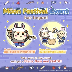 Chiikawa Pocket Official on X: "🌕Moon Festival Event On Now🌕 Increase your Event Pass Rank to get Shisa in a Moon Festival outfit and a Home Item that'll have Usagi and friends