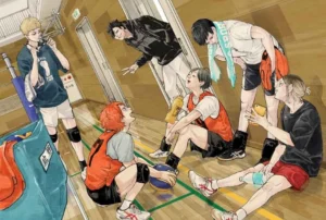 New illustration by Furudate: "Tokyo away games, summer 2013": a summer camp illustration with Hinata, Kageyama, Tsukishima and Yamaguchi in their second year, Kenma in his third-year, and Kuroo the university student. :